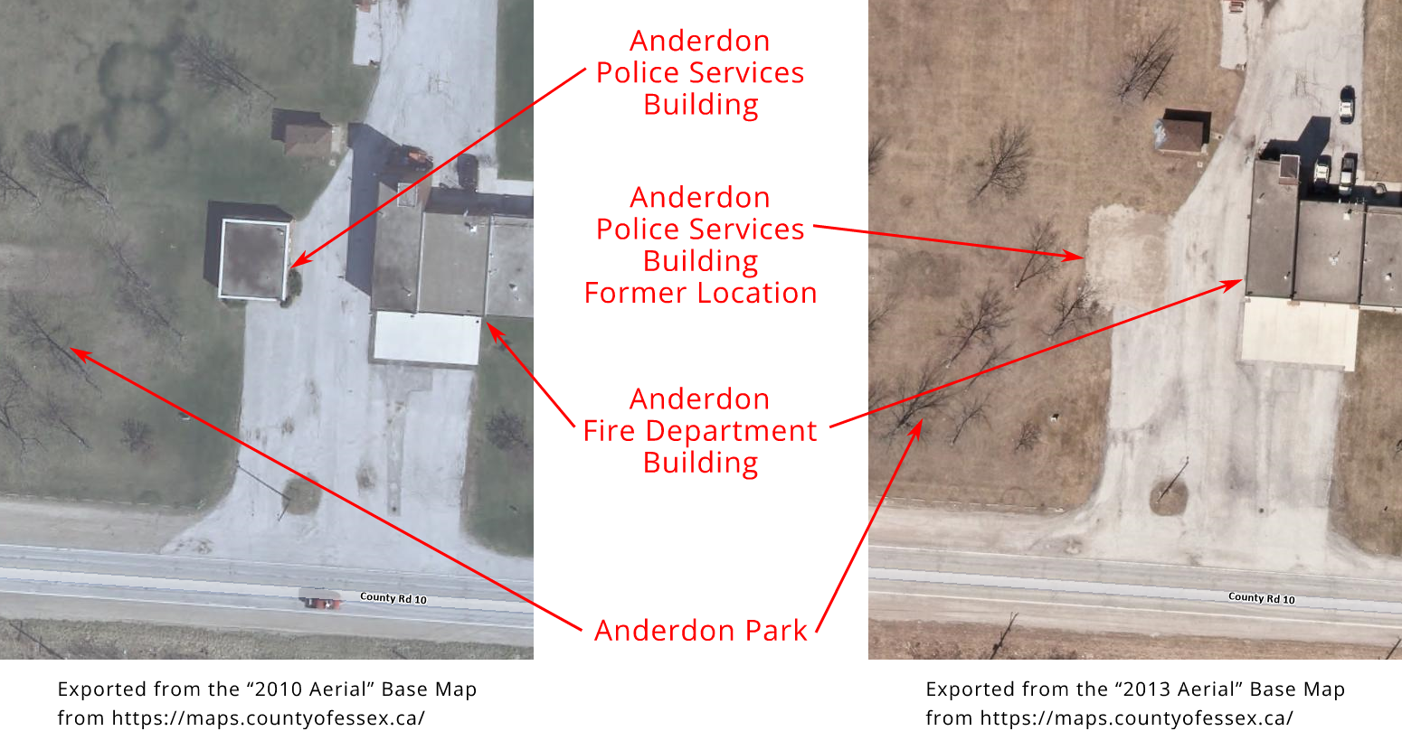 2010 and 2013 Aerial Photo Comparison of the Anderdon Police Services Building (3380 Middle Side Rd., Amherstburg, Ontario)