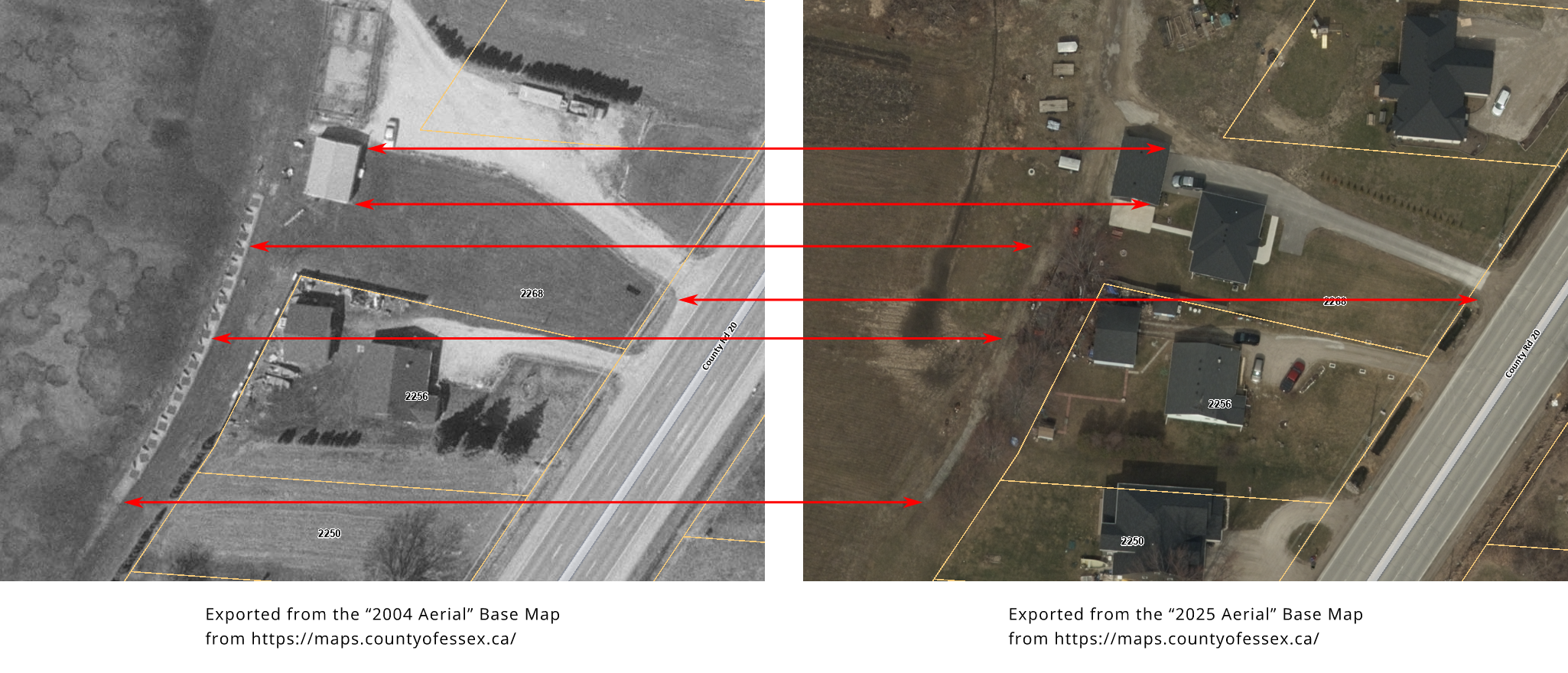 2004 and 2025 Aerial Photo Comparison of the Tee Off Time Driving Range, 2268 Front Rd. N. (Amherstburg, Ontario)