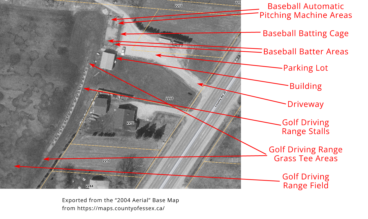 2004 Aerial Photo of the Building Area of the Tee Off Time Driving Range, 2268 Front Rd. N. (Amherstburg, Ontario)
