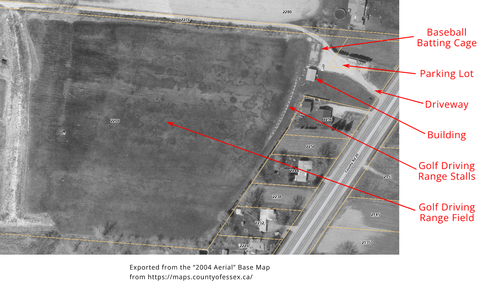 2004 Aerial Photo of the Golf Driving Range Area of the Tee Off Time Driving Range, 2268 Front Rd. N. (Amherstburg, Ontario)