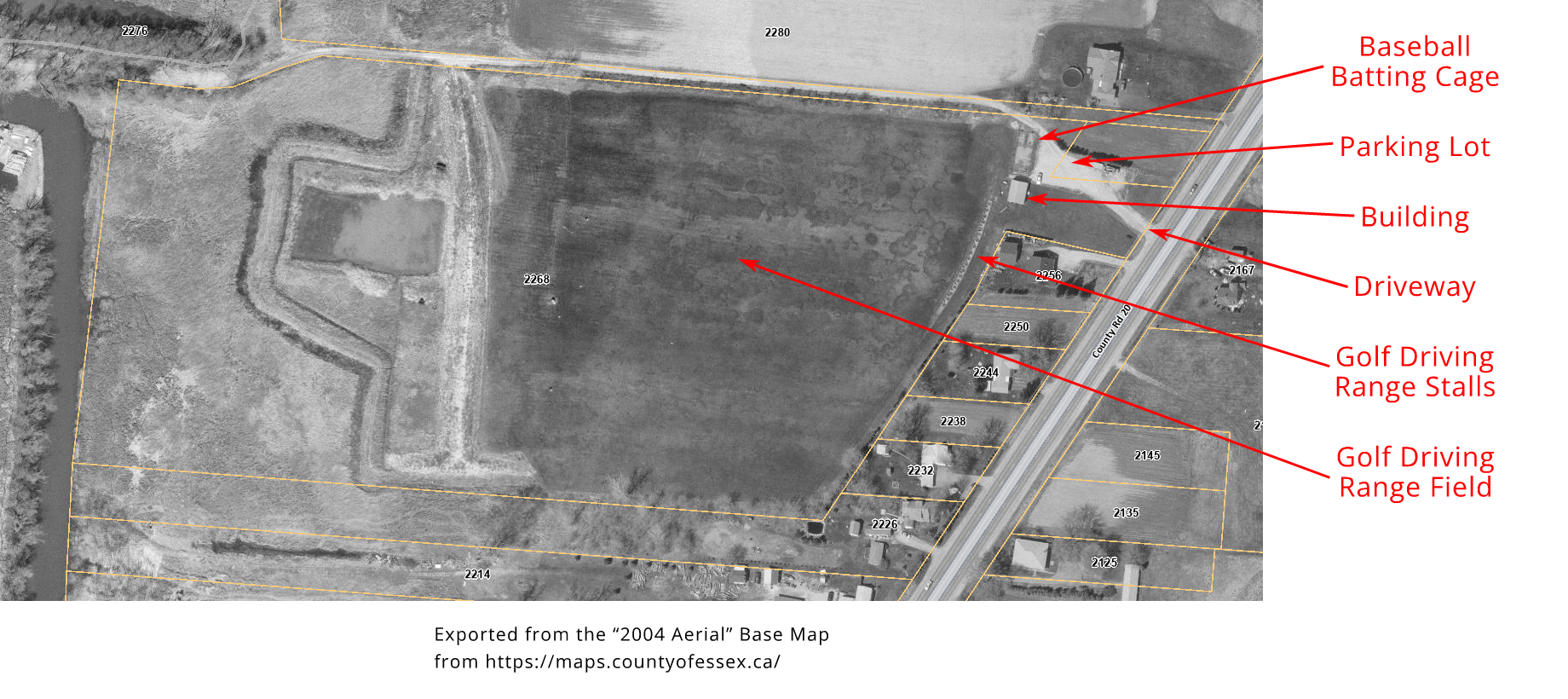 2004 Aerial Photo of the Entire Lot of the Tee Off Time Driving Range, 2268 Front Rd. N. (Amherstburg, Ontario)